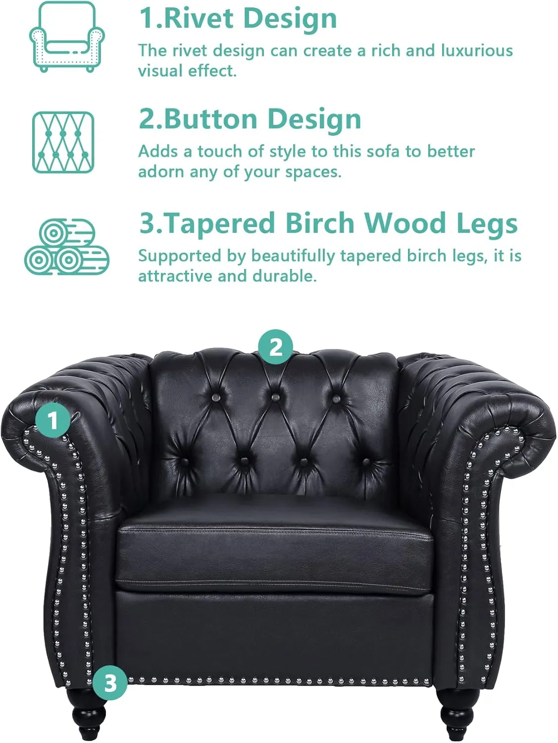 Living Room Chair, Modern Leather Chesterfield Sofa Chair, Mid Century Single Sofa Couch Chair with Tufted Back and Rolled Arms, Accent Sofa Chair for Living Room Apartment, Black