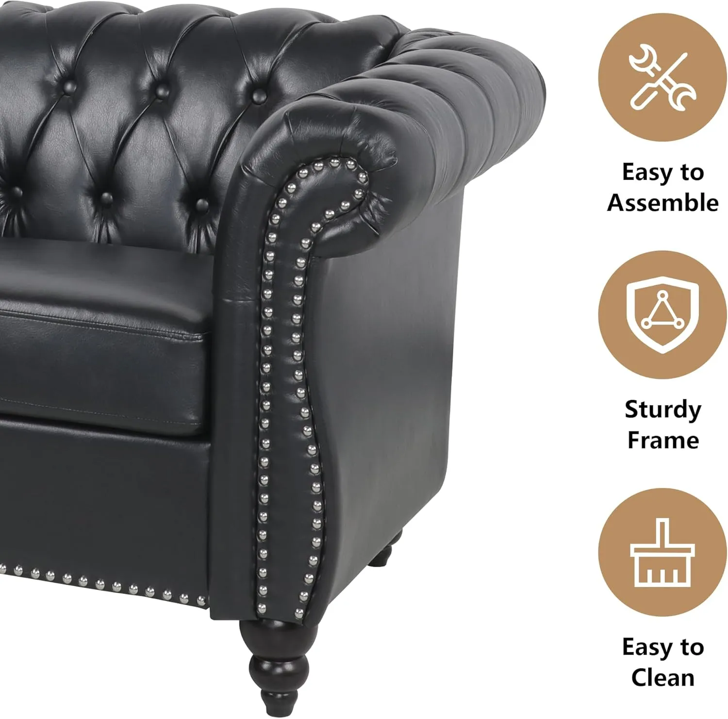 Living Room Chair, Modern Leather Chesterfield Sofa Chair, Mid Century Single Sofa Couch Chair with Tufted Back and Rolled Arms, Accent Sofa Chair for Living Room Apartment, Black