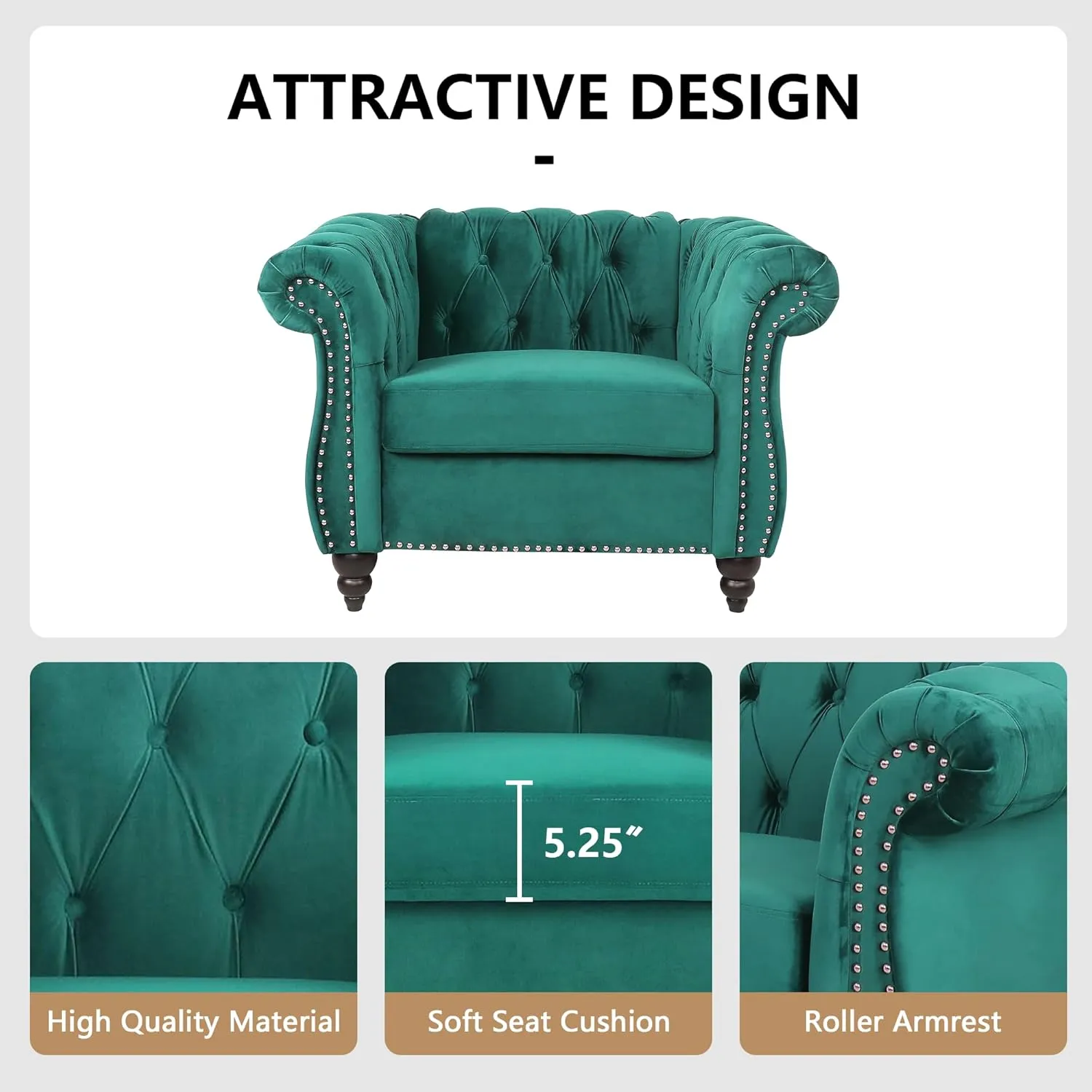 Living Room Chair, Modern Velvet Chesterfield Sofa Chair, Mid Century Single Sofa Couch Chair with Tufted Back and Rolled Arms, Accent Sofa Chair for Living Room Apartment, Green