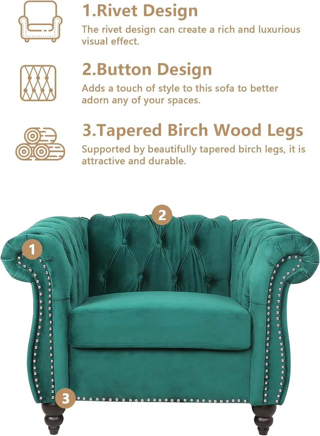 Living Room Chair, Modern Velvet Chesterfield Sofa Chair, Mid Century Single Sofa Couch Chair with Tufted Back and Rolled Arms, Accent Sofa Chair for Living Room Apartment, Green