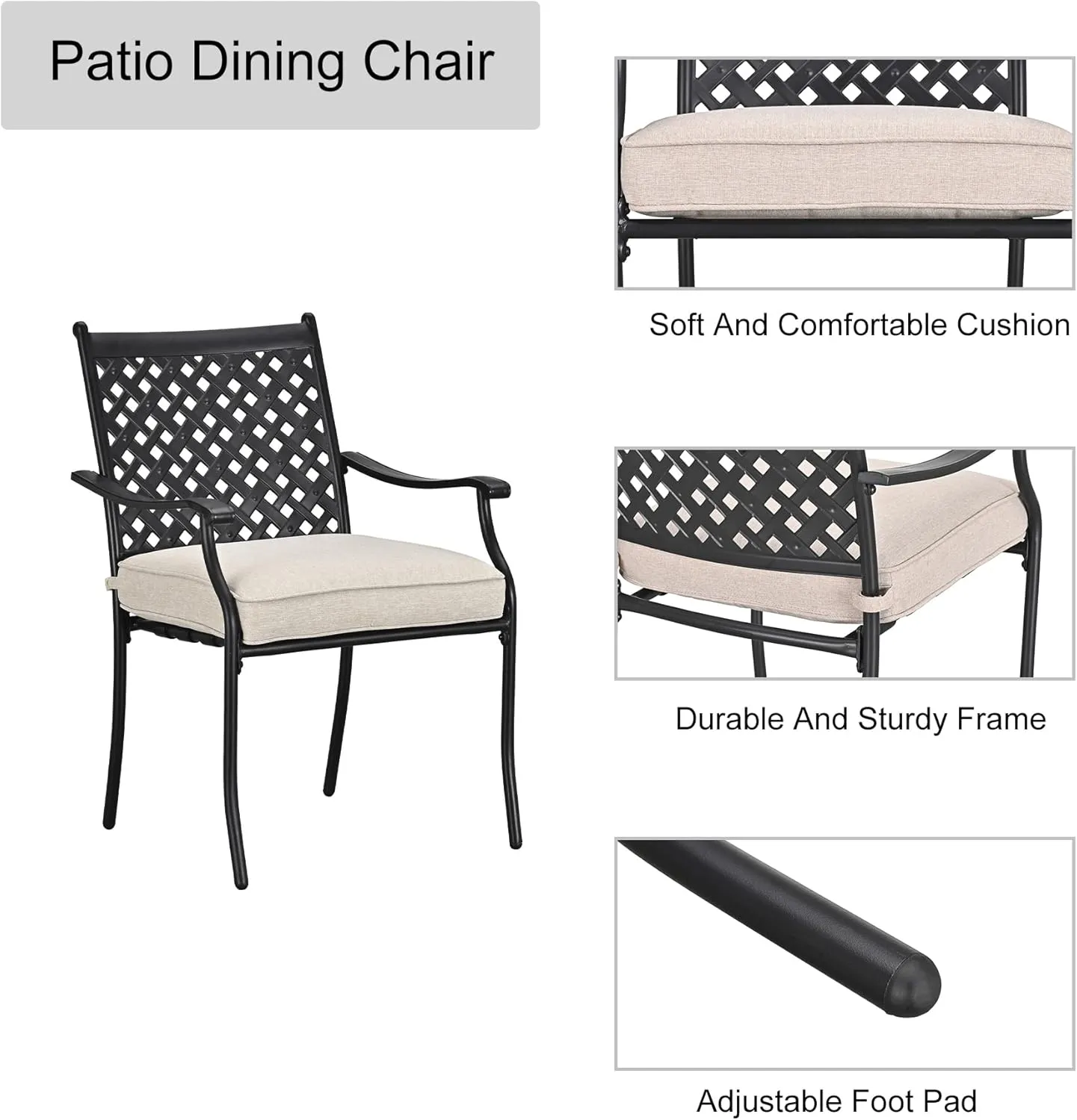 LOKATSE HOME 4 Piece Outdoor Patio Metal Wrought Iron Dining Chair Set with Arms and Seat Cushions - Beige