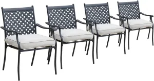 LOKATSE HOME 4 Piece Outdoor Patio Metal Wrought Iron Dining Chair Set with Arms and Seat Cushions - Beige