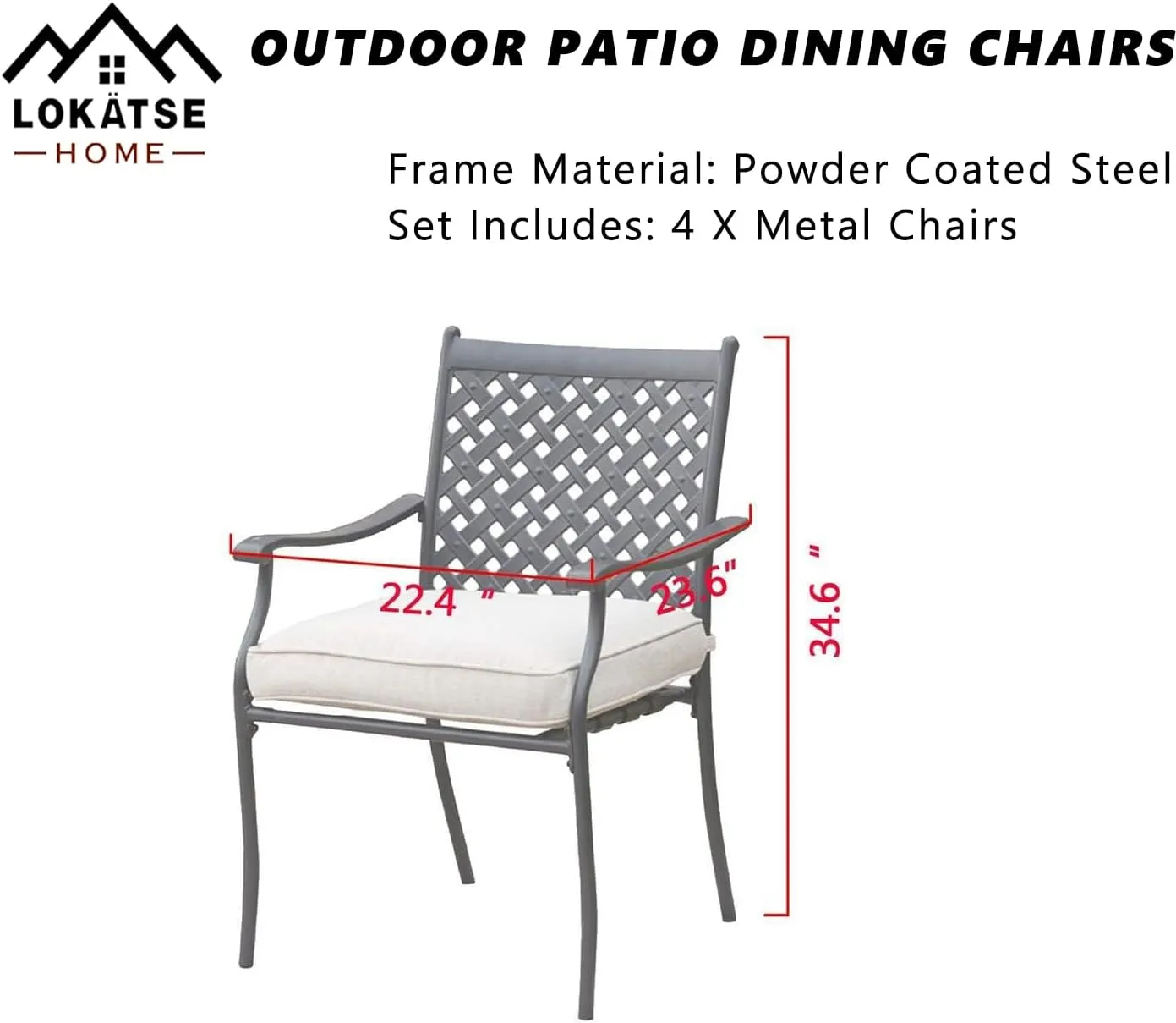 LOKATSE HOME 4 Piece Outdoor Patio Metal Wrought Iron Dining Chair Set with Arms and Seat Cushions - Beige