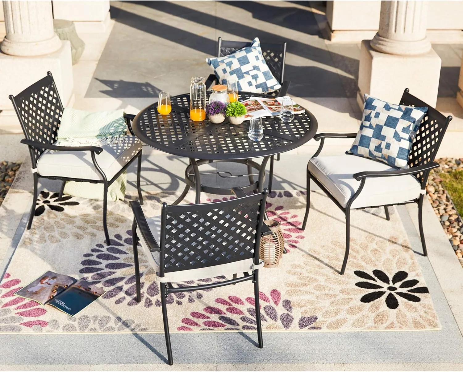 LOKATSE HOME 4 Piece Outdoor Patio Metal Wrought Iron Dining Chair Set with Arms and Seat Cushions - Beige