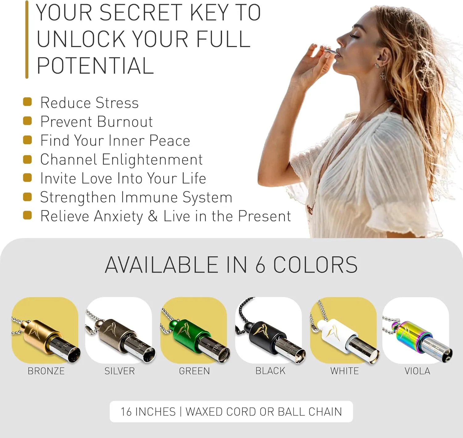 LOVETUNER Mindful Breathing & Meditation Tuning Necklace | 528 Hz Solfeggio Love Frequency | Stress Relief Whistle Necklace | Promote Calm through Sound & Breathwork for Adults