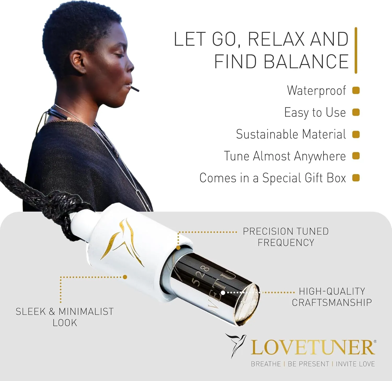 LOVETUNER Mindful Breathing & Meditation Tuning Necklace | 528 Hz Solfeggio Love Frequency | Stress Relief Whistle Necklace | Promote Calm through Sound & Breathwork for Adults