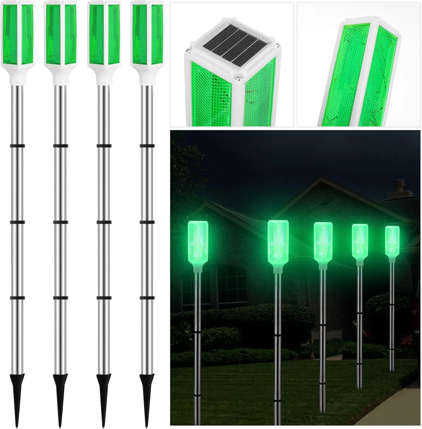 Macarrie Solar Powered Driveway Markers Driveway Lights Landscape Driveway Reflectors on Poles for Snow Road Outdoor Yard (Green,4 Pcs)