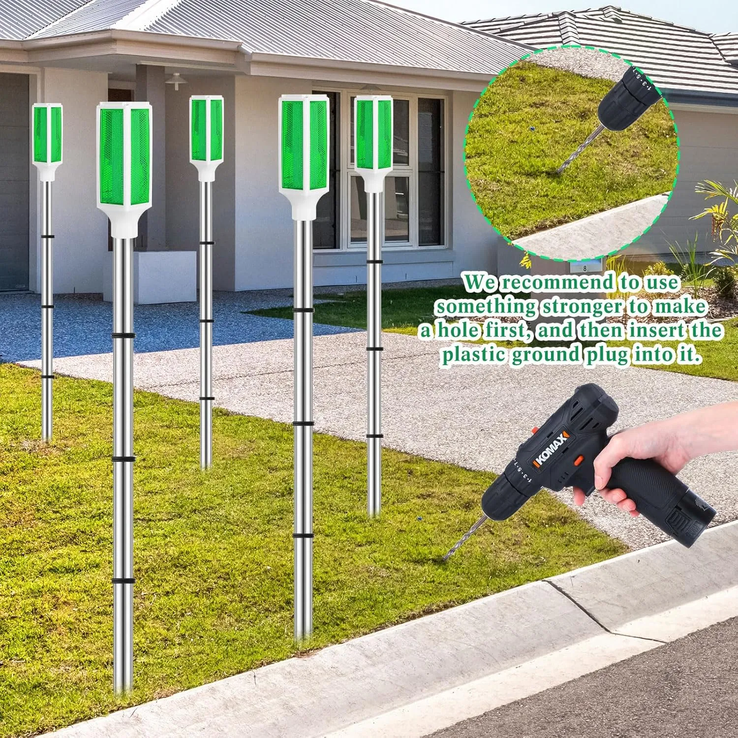 Macarrie Solar Powered Driveway Markers Driveway Lights Landscape Driveway Reflectors on Poles for Snow Road Outdoor Yard (Green,4 Pcs)