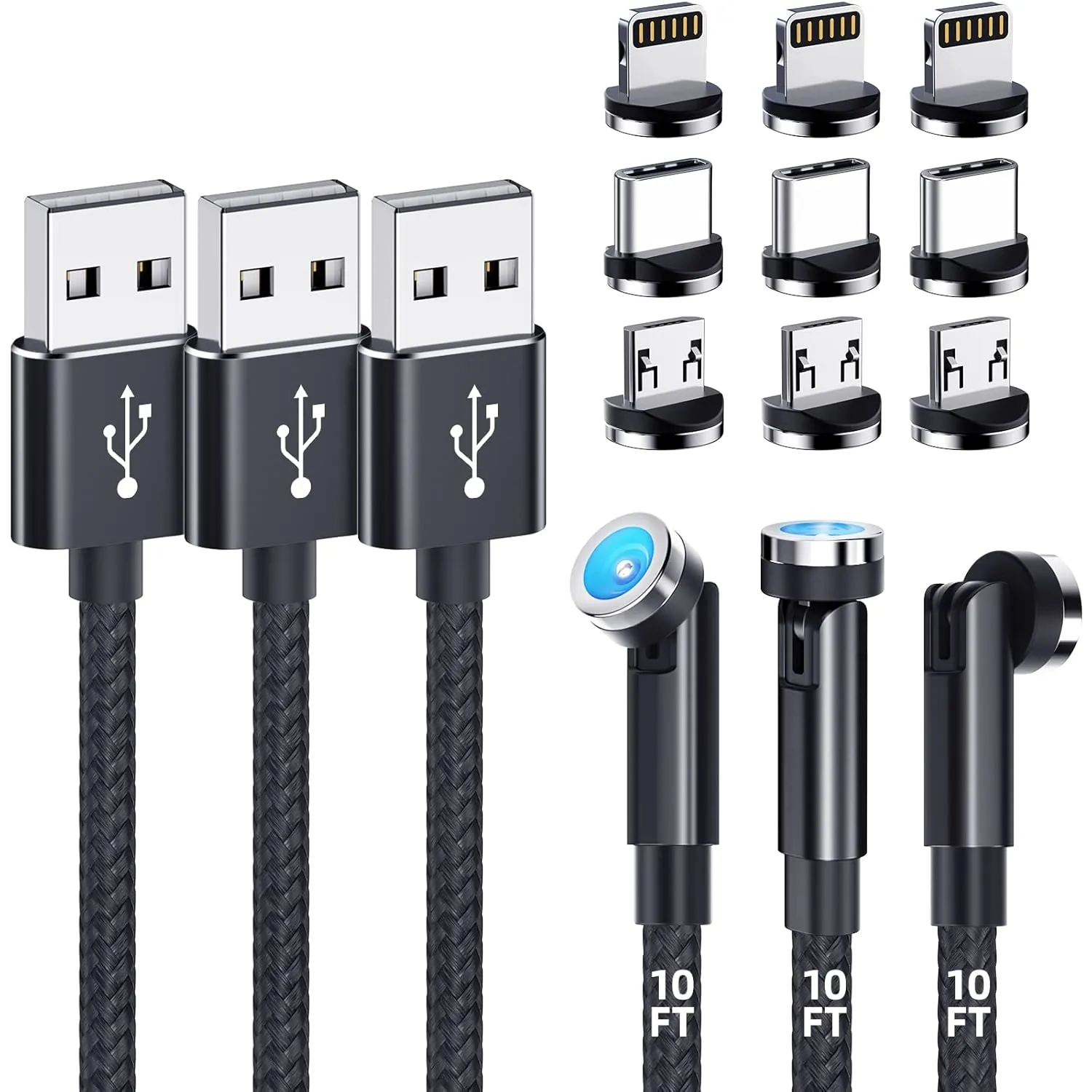 Magnetic Charging Cable [3-Pack,10FT/10FT/10FT] 540° Rotating Magnetic Phone Charger 3-in-1 Magnetic USB Cable with LED Light Nylon Braided Magnetic Charger for iProduct/Micro USB/Type C Device-Black