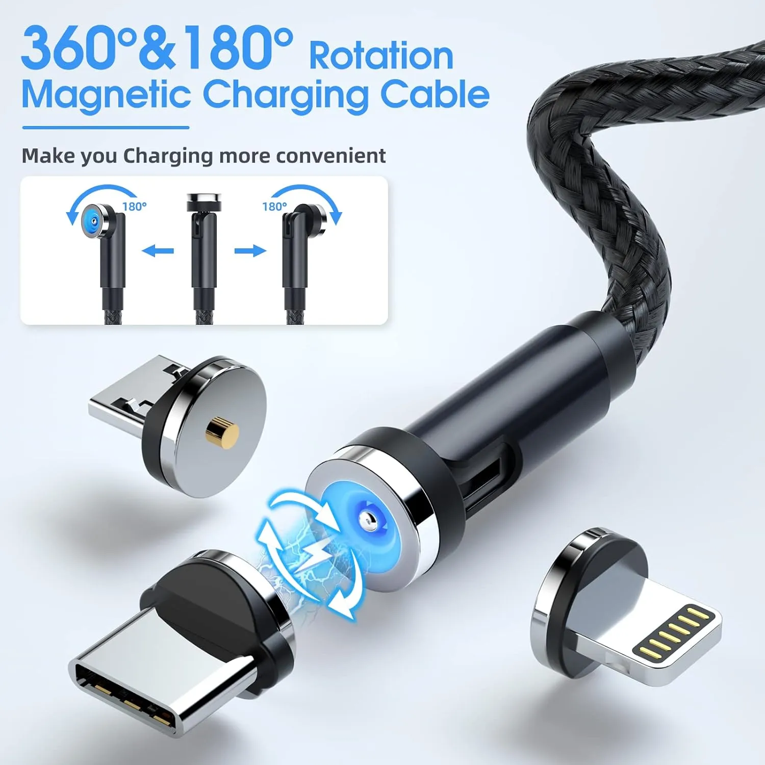 Magnetic Charging Cable [3-Pack,10FT/10FT/10FT] 540° Rotating Magnetic Phone Charger 3-in-1 Magnetic USB Cable with LED Light Nylon Braided Magnetic Charger for iProduct/Micro USB/Type C Device-Black