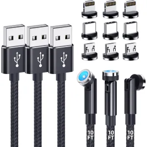 Magnetic Charging Cable [3-Pack,10FT/10FT/10FT] 540° Rotating Magnetic Phone Charger 3-in-1 Magnetic USB Cable with LED Light Nylon Braided Magnetic Charger for iProduct/Micro USB/Type C Device-Black