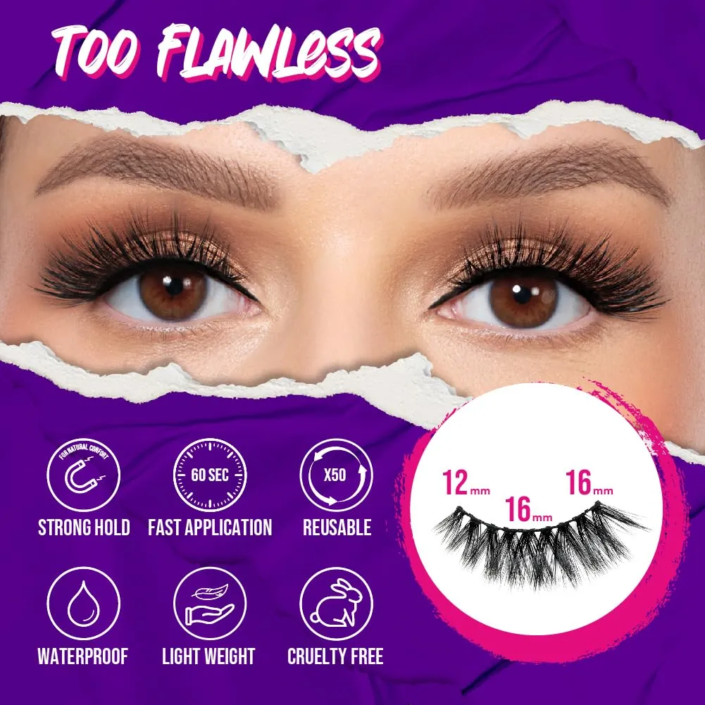 Magnetic Eyelashes with 12 Magnets – Premium Faux Mink Lashes | Reusable 50x | Universal Fit | Vegan & Cruelty-Free | Natural Look – 1 Pair (Too Flawless)