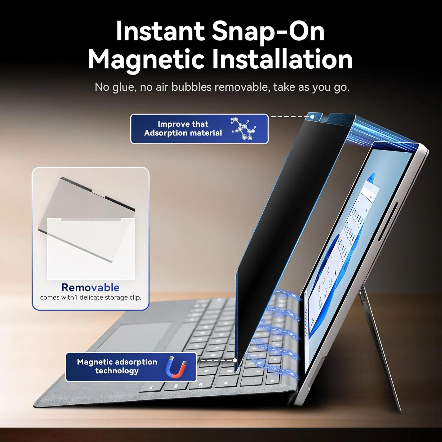 Magnetic Privacy Filter Compatible with Microsoft Surface Pro 10 (2024) / Pro 9 (2022) / Pro 8 (2021) / Pro X (2021, 2019), 13 Inch Removable Anti Spy Glare Blue Light Privacy Screen