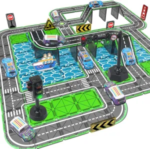 Magnetic Tiles Road Set with Pullback Car & Magnet Ship,Traffic Themed Magnetic Building Tiles Set with Traffic Light,STEM Magnet Tile for Kids Ages 3-5 4-8 5-7,Preschool Educational Kids Toys Gift