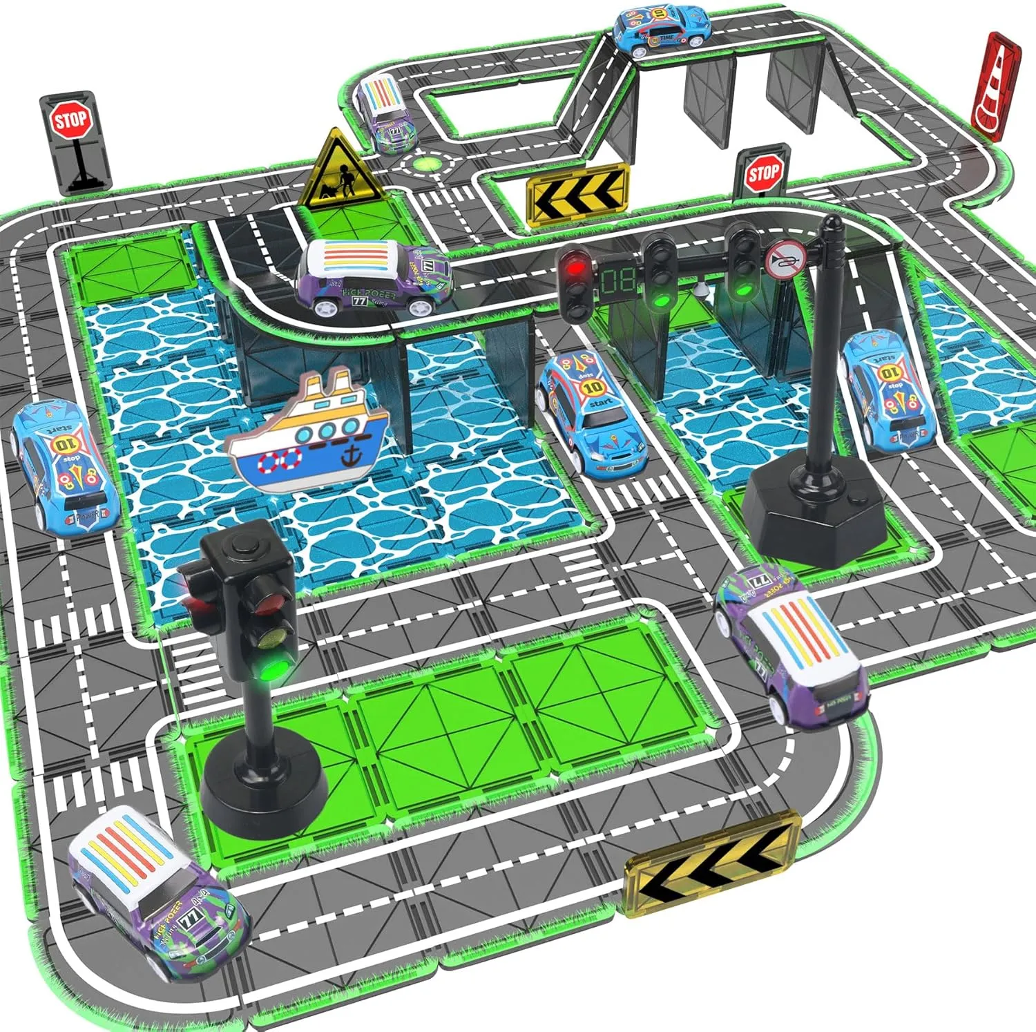 Magnetic Tiles Road Set with Pullback Car & Magnet Ship,Traffic Themed Magnetic Building Tiles Set with Traffic Light,STEM Magnet Tile for Kids Ages 3-5 4-8 5-7,Preschool Educational Kids Toys Gift