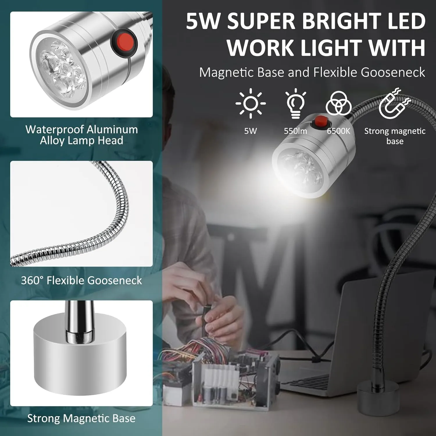 Magnetic Work Light, LED Machine Light with Flexible Gooseneck and Magnetic Base, Shop Tool Lamp for Lathe, Work Bench, Sewing Machine, Grill, Desk, Industrial Lighting Silver