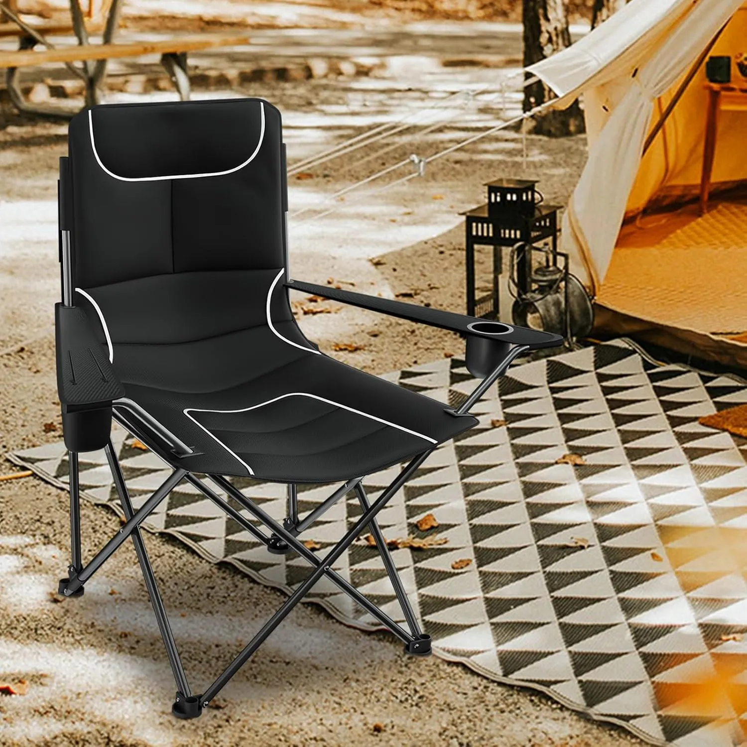 Magshion High Back Camping Chairs for Adults, 3 Position Adjustable Backrest, Folding Lightweight Lawn Chair & Side Pocket, Cup Holder and Storage Bag for Picnic Hiking, Supports 250lbs, 2PCS, Black