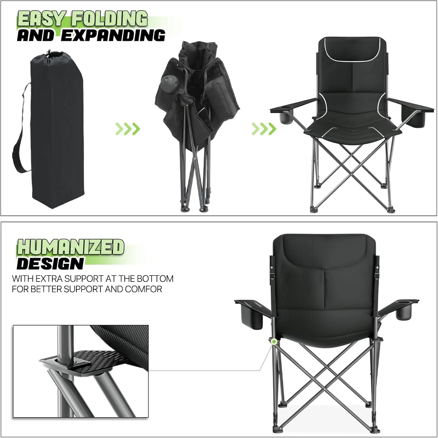 Magshion High Back Camping Chairs for Adults, 3 Position Adjustable Backrest, Folding Lightweight Lawn Chair & Side Pocket, Cup Holder and Storage Bag for Picnic Hiking, Supports 250lbs, 2PCS, Black