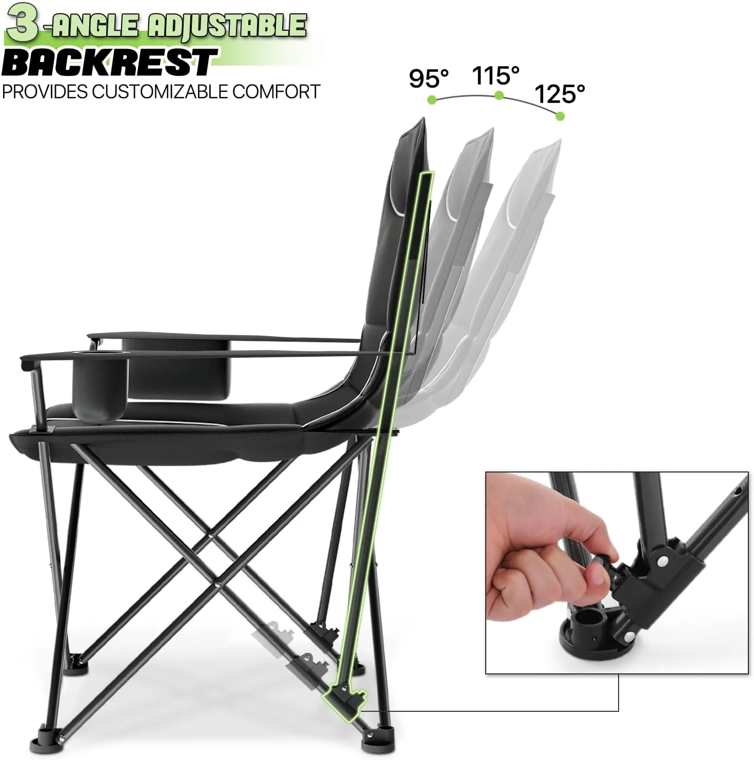 Magshion High Back Camping Chairs for Adults, 3 Position Adjustable Backrest, Folding Lightweight Lawn Chair & Side Pocket, Cup Holder and Storage Bag for Picnic Hiking, Supports 250lbs, 2PCS, Black