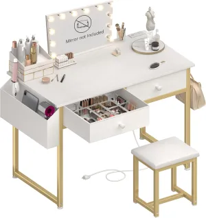 Makeup Vanity Desk No Mirror with Chair for Girls, White Small Vanity Table Set with Fabric Drawers, Power Outlet Without Mirror, Modern Make Up Desk for Bedroom