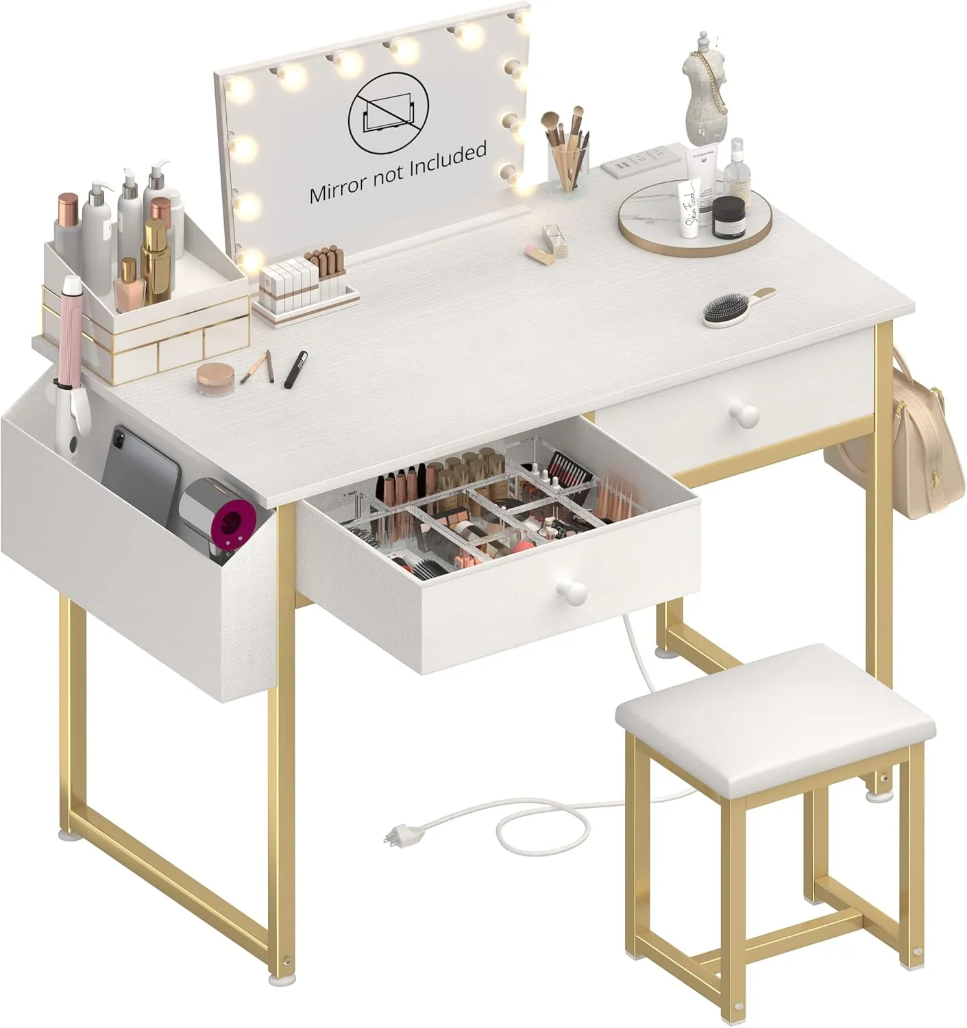 Makeup Vanity Desk No Mirror with Chair for Girls, White Small Vanity Table Set with Fabric Drawers, Power Outlet Without Mirror, Modern Make Up Desk for Bedroom