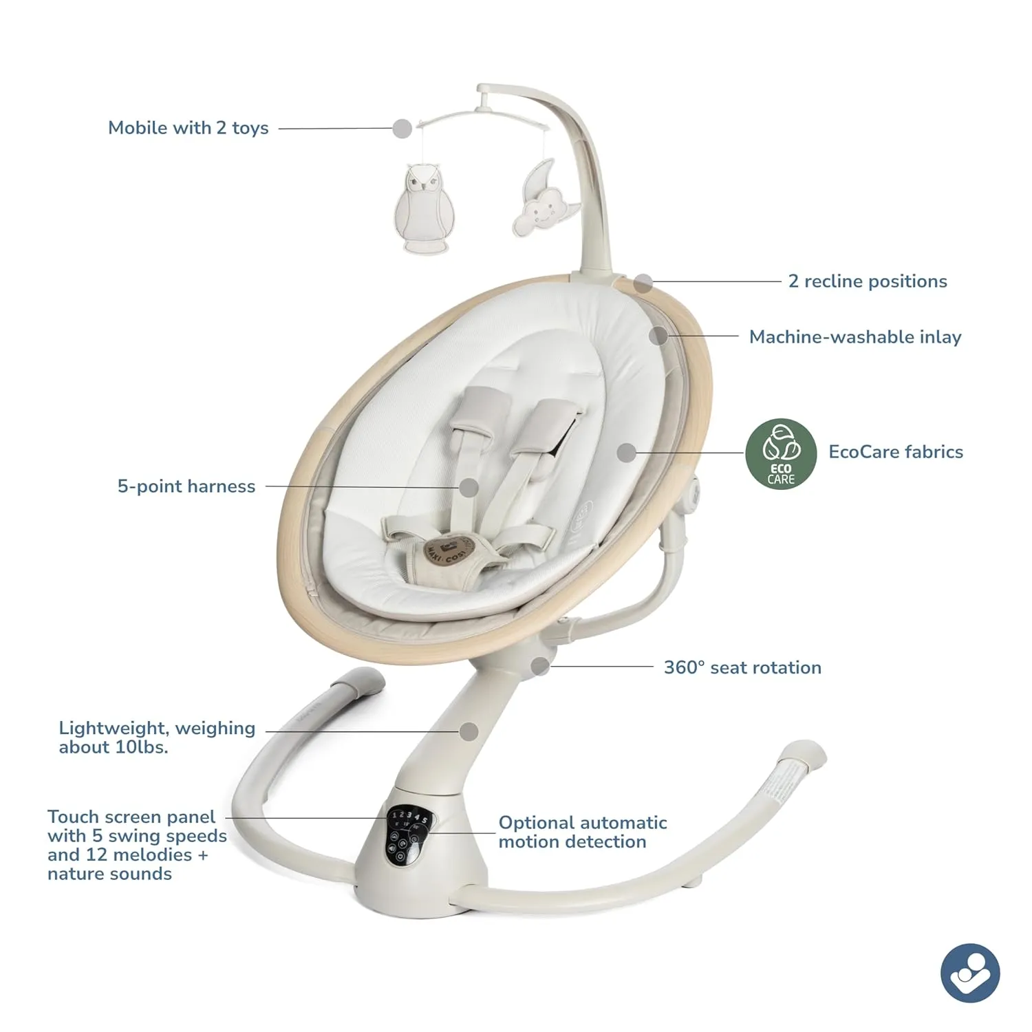 Maxi-Cosi Cassia Baby Swings for Infants: Smart Portable Baby Swing with Music, Lightweight & Foldable Baby Swing, 360 Rotation Infant Swing, Classic Oat