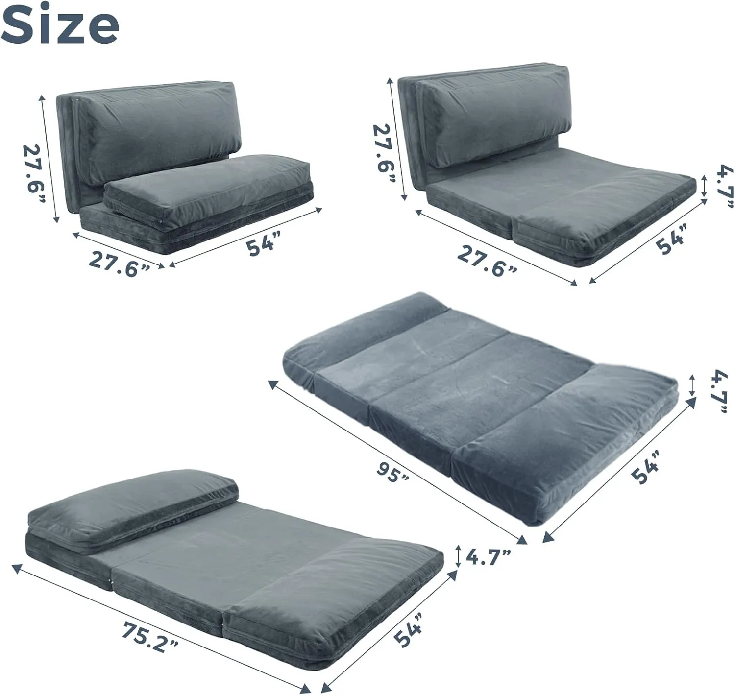 MAXYOYO Bean Bag Bed Folding Sofa Bed Floor Mattress for Adults, Extra Thick and Long Floor Sofa with Faux Fur Washable Cover, Full Floor Couch Bed for Bedroom Living Room, Dusty Blue, 54x95 Inch