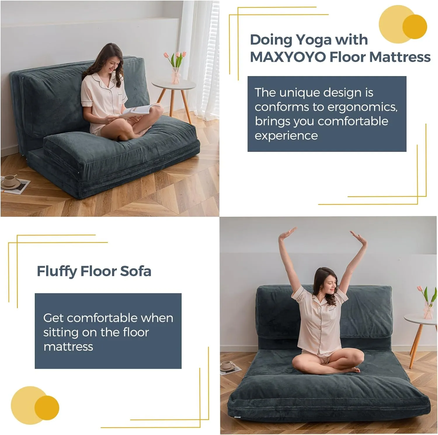 MAXYOYO Bean Bag Bed Folding Sofa Bed Floor Mattress for Adults, Extra Thick and Long Floor Sofa with Faux Fur Washable Cover, Full Floor Couch Bed for Bedroom Living Room, Dusty Blue, 54x95 Inch