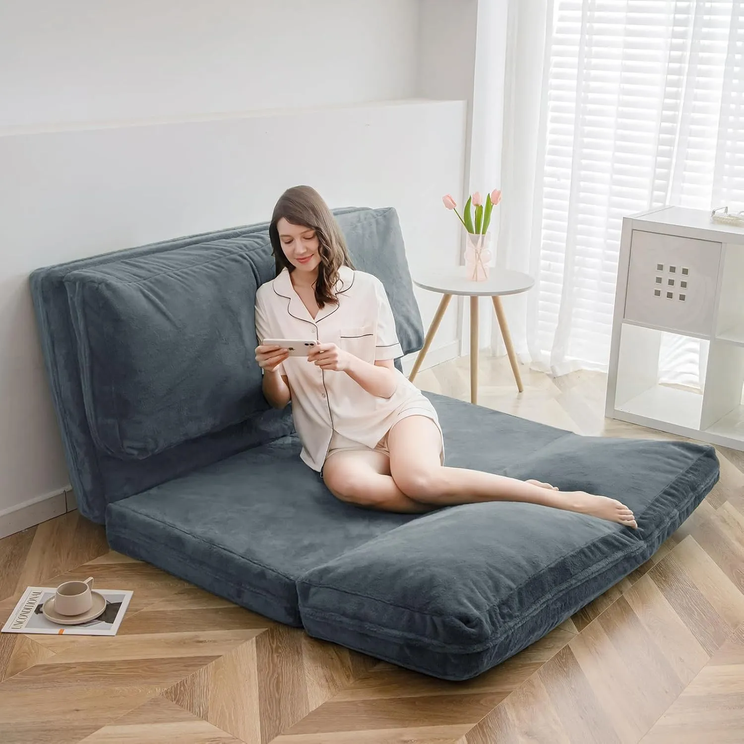 MAXYOYO Bean Bag Bed Folding Sofa Bed Floor Mattress for Adults, Extra Thick and Long Floor Sofa with Faux Fur Washable Cover, Full Floor Couch Bed for Bedroom Living Room, Dusty Blue, 54x95 Inch
