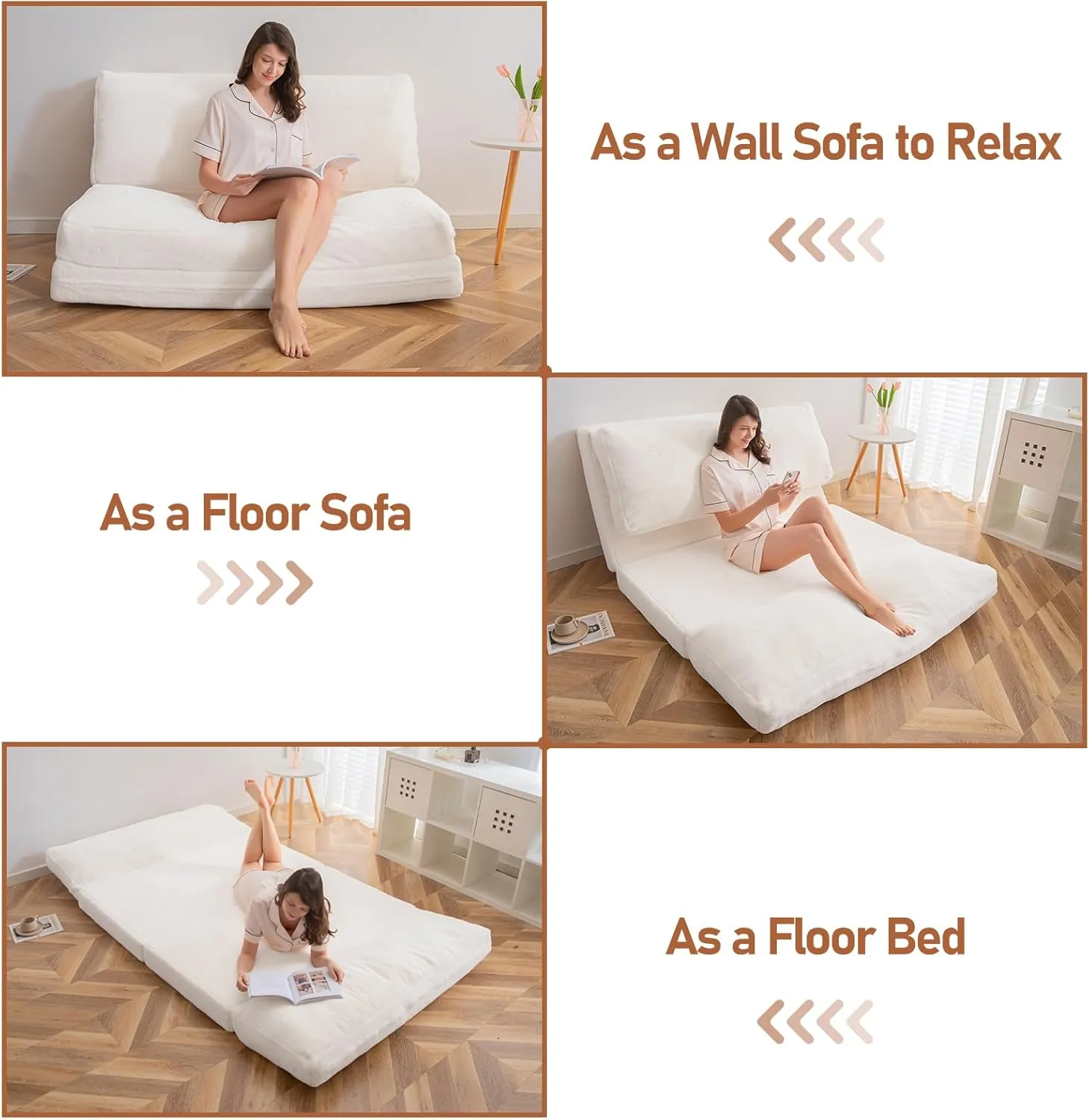 MAXYOYO Bean Bag Bed Folding Sofa Bed Floor Mattress for Adults, Extra Thick and Long Floor Sofa with Faux Fur Washable Cover, Single Floor Couch Bed for Bedroom Living Room, Cream White, 30x95 Inch