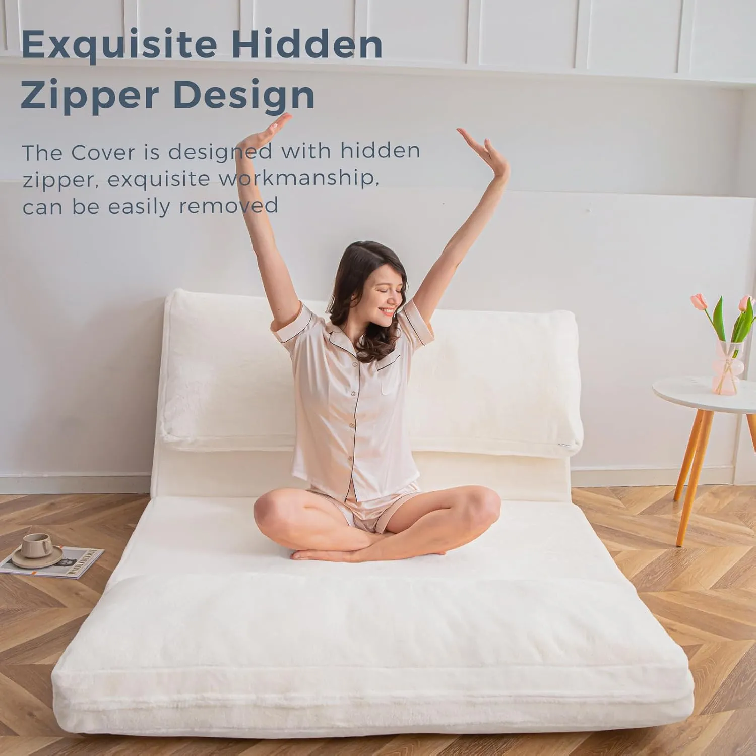 MAXYOYO Bean Bag Bed Folding Sofa Bed Floor Mattress for Adults, Extra Thick and Long Floor Sofa with Faux Fur Washable Cover, Single Floor Couch Bed for Bedroom Living Room, Cream White, 30x95 Inch