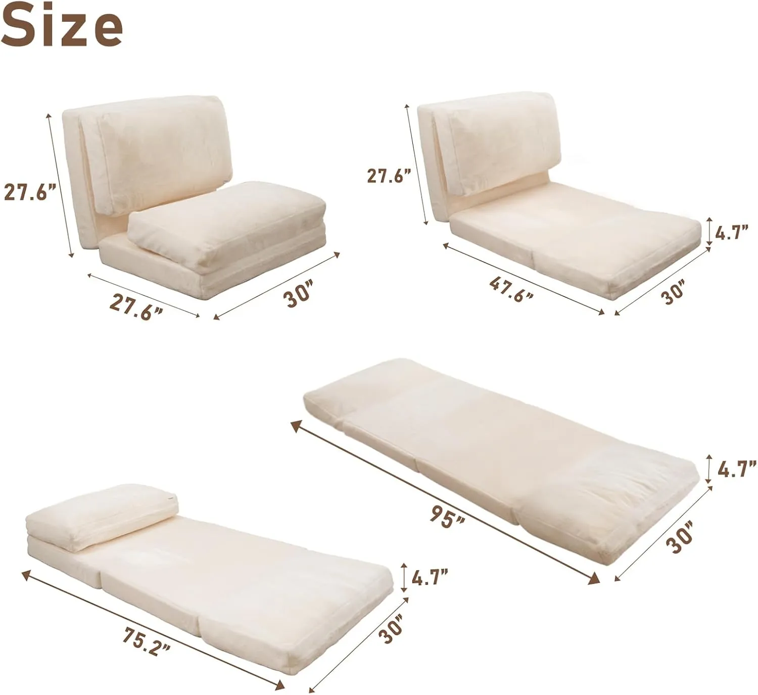 MAXYOYO Bean Bag Bed Folding Sofa Bed Floor Mattress for Adults, Extra Thick and Long Floor Sofa with Faux Fur Washable Cover, Single Floor Couch Bed for Bedroom Living Room, Cream White, 30x95 Inch