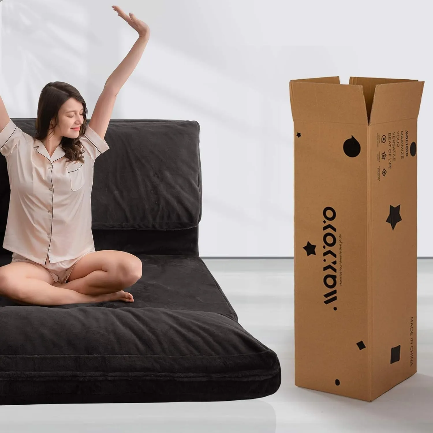 MAXYOYO Bean Bag Bed Folding Sofa Bed Floor Mattress for Adults, Extra Thick and Long Floor Sofa with Faux Fur Washable Cover,Full Floor Couch Bed for Bedroom Living Room, Dark Grey, 54x95 Inch