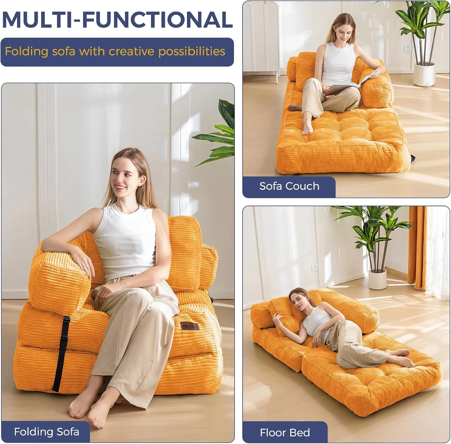 MAXYOYO Folding Sofa Bed, L-Shaped Convertible Sofa Bed with Armrest Foldable Sleeper with Pillow, Portable Fold Out Chair Bed Comfy Floor Sofa Lounge for Living Room Bedroom, Orange