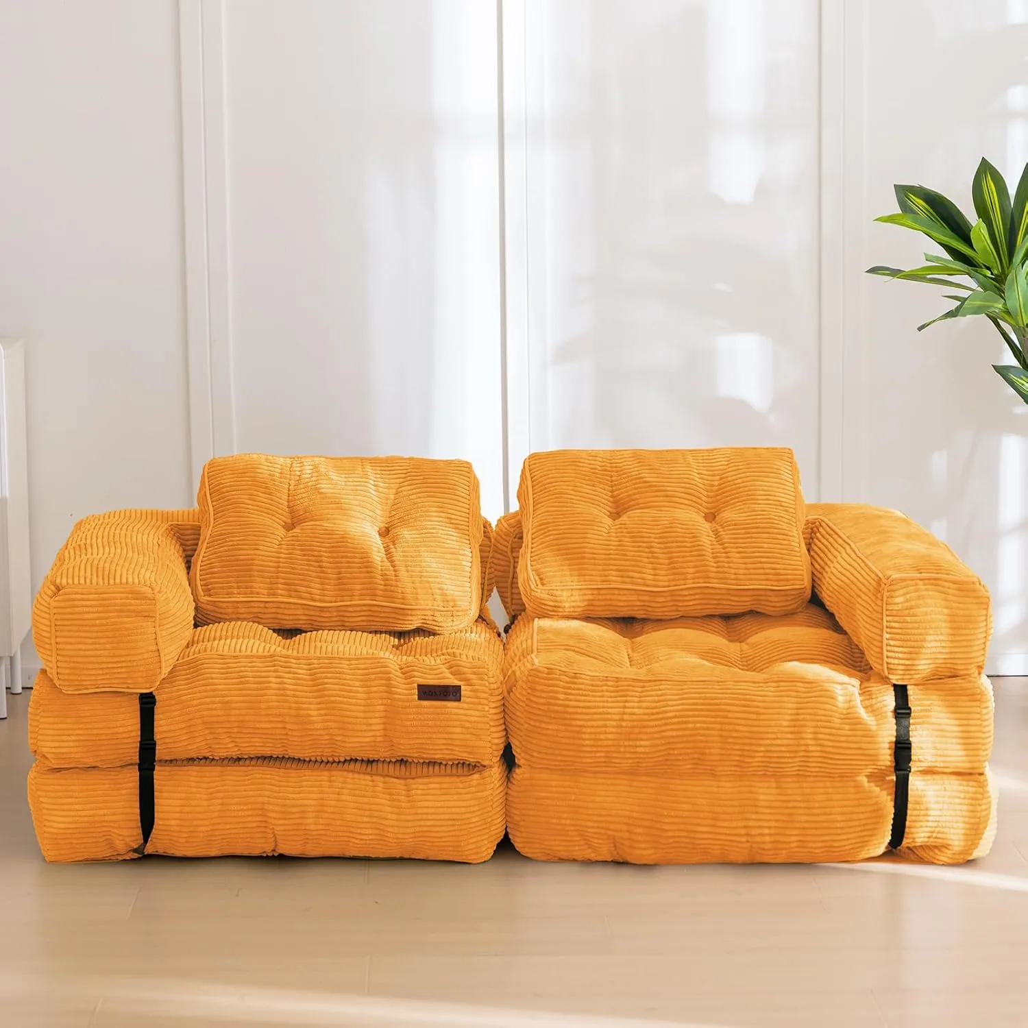 MAXYOYO Folding Sofa Bed, L-Shaped Convertible Sofa Bed with Armrest Foldable Sleeper with Pillow, Portable Fold Out Chair Bed Comfy Floor Sofa Lounge for Living Room Bedroom, Orange