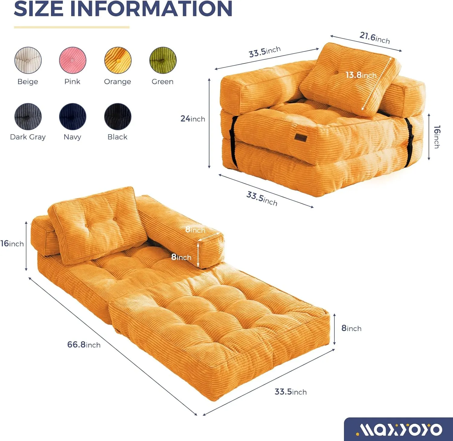 MAXYOYO Folding Sofa Bed, L-Shaped Convertible Sofa Bed with Armrest Foldable Sleeper with Pillow, Portable Fold Out Chair Bed Comfy Floor Sofa Lounge for Living Room Bedroom, Orange