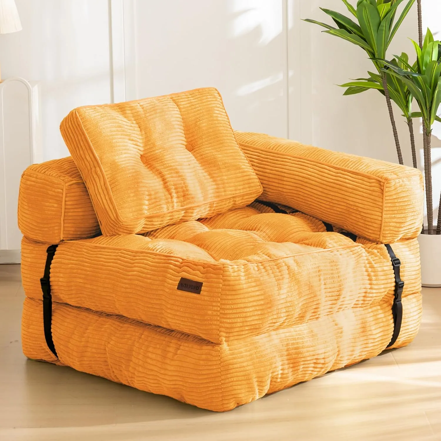 MAXYOYO Folding Sofa Bed, L-Shaped Convertible Sofa Bed with Armrest Foldable Sleeper with Pillow, Portable Fold Out Chair Bed Comfy Floor Sofa Lounge for Living Room Bedroom, Orange