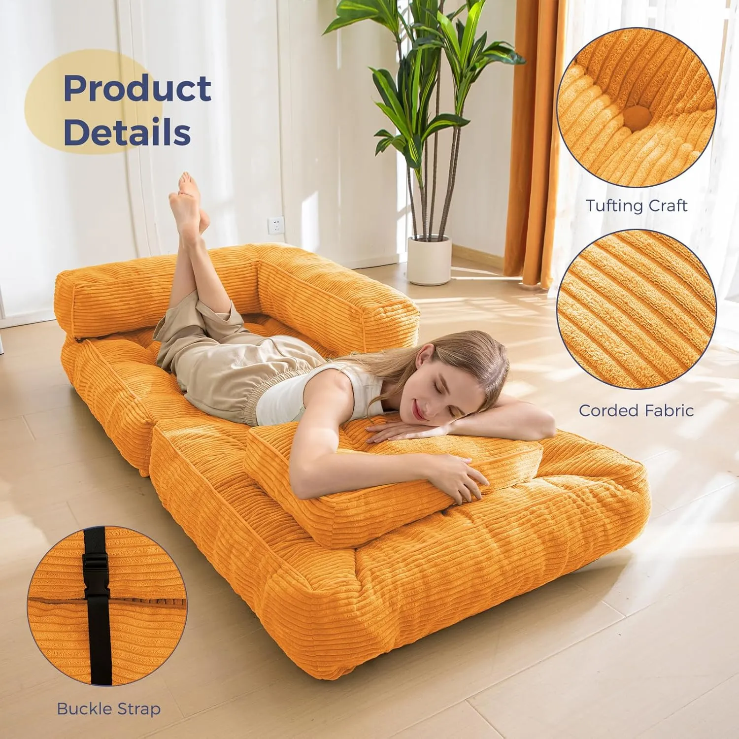 MAXYOYO Folding Sofa Bed, L-Shaped Convertible Sofa Bed with Armrest Foldable Sleeper with Pillow, Portable Fold Out Chair Bed Comfy Floor Sofa Lounge for Living Room Bedroom, Orange