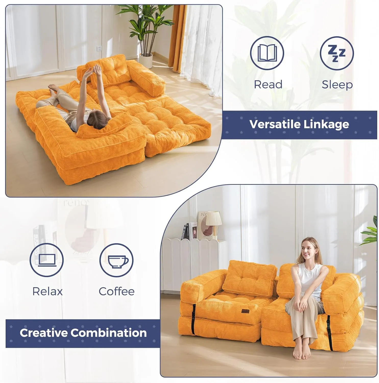 MAXYOYO Folding Sofa Bed, L-Shaped Convertible Sofa Bed with Armrest Foldable Sleeper with Pillow, Portable Fold Out Chair Bed Comfy Floor Sofa Lounge for Living Room Bedroom, Orange
