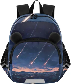 MCHIVER City Meteor Shower Blue Toddler Backpack for Boys Girls 3-6 Preschool Lightweight Kids Backpack with Reflective Strips and Bag Leash for Kindergarten Travel Daycare
