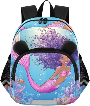 MCHIVER Curly Mermaid Coral Reef Toddler Backpack for Boys Girls 3-6 Preschool Lightweight Kids Backpack with Reflective Strips and Bag Leash for Kindergarten Daycare Travel