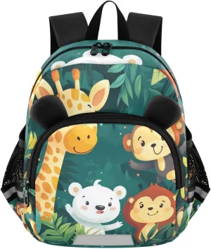 MCHIVER Giraffe Monkey Bear Leaves Toddler Backpack for Boys Girls 3-6 Preschool Lightweight Kids Backpack with Reflective Strips and Bag Leash for Travel Kindergarten Daycare