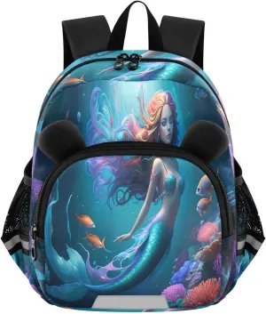 MCHIVER Reef Mermaid Fishes Teal Toddler Backpack for Boys Girls 3-6 Preschool Lightweight Kids Backpack with Reflective Strips and Bag Leash for Kindergarten Daycare Travel