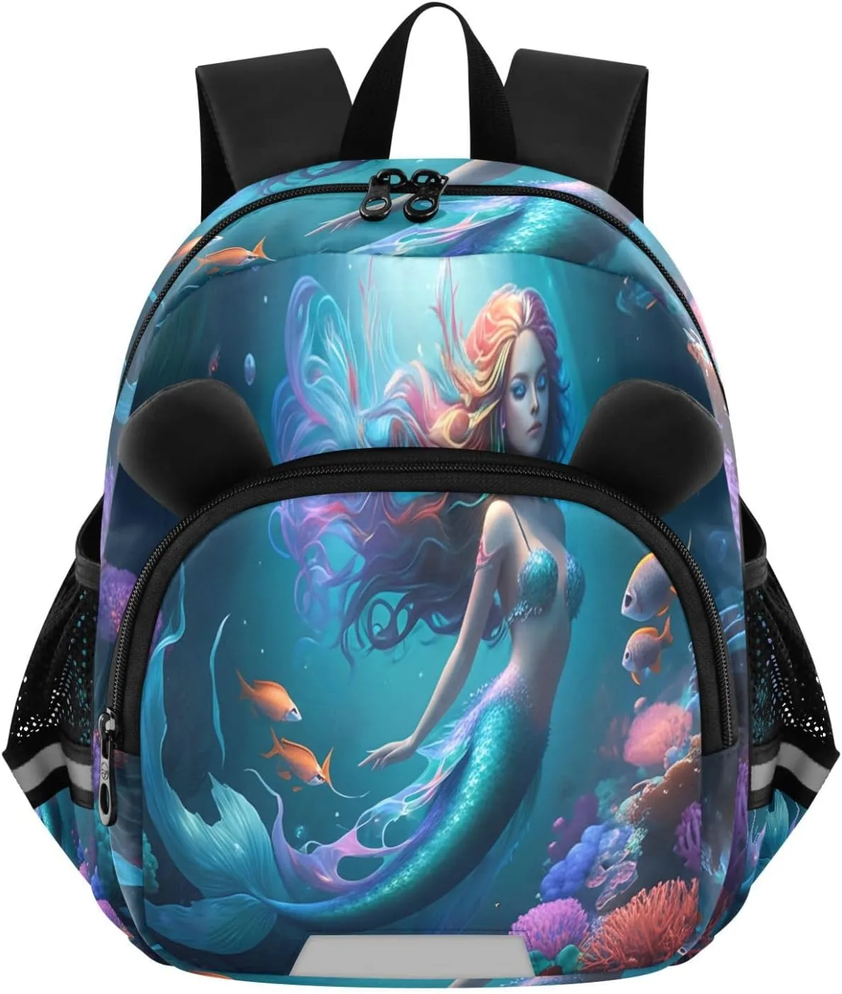 MCHIVER Reef Mermaid Fishes Teal Toddler Backpack for Boys Girls 3-6 Preschool Lightweight Kids Backpack with Reflective Strips and Bag Leash for Kindergarten Daycare Travel