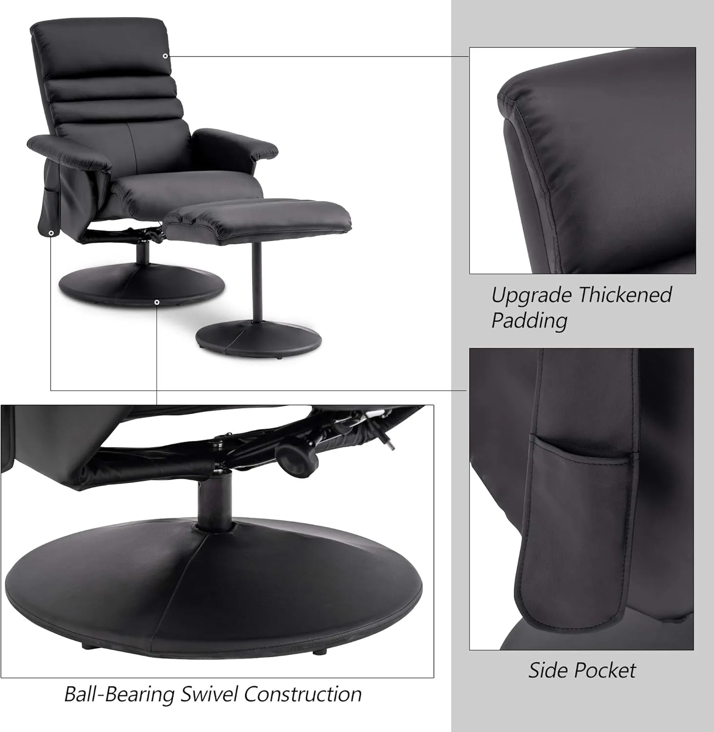 MCombo Recliner with Ottoman, Reclining Chair with Massage, 360 Swivel Living Room Chair Faux Leather 7902 (Black)