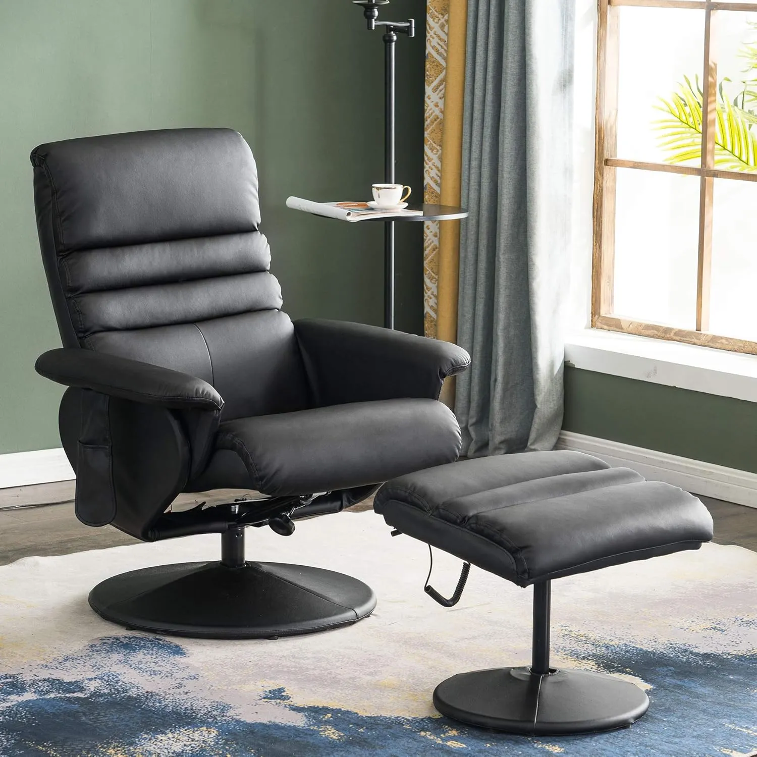 MCombo Recliner with Ottoman, Reclining Chair with Massage, 360 Swivel Living Room Chair Faux Leather 7902 (Black)