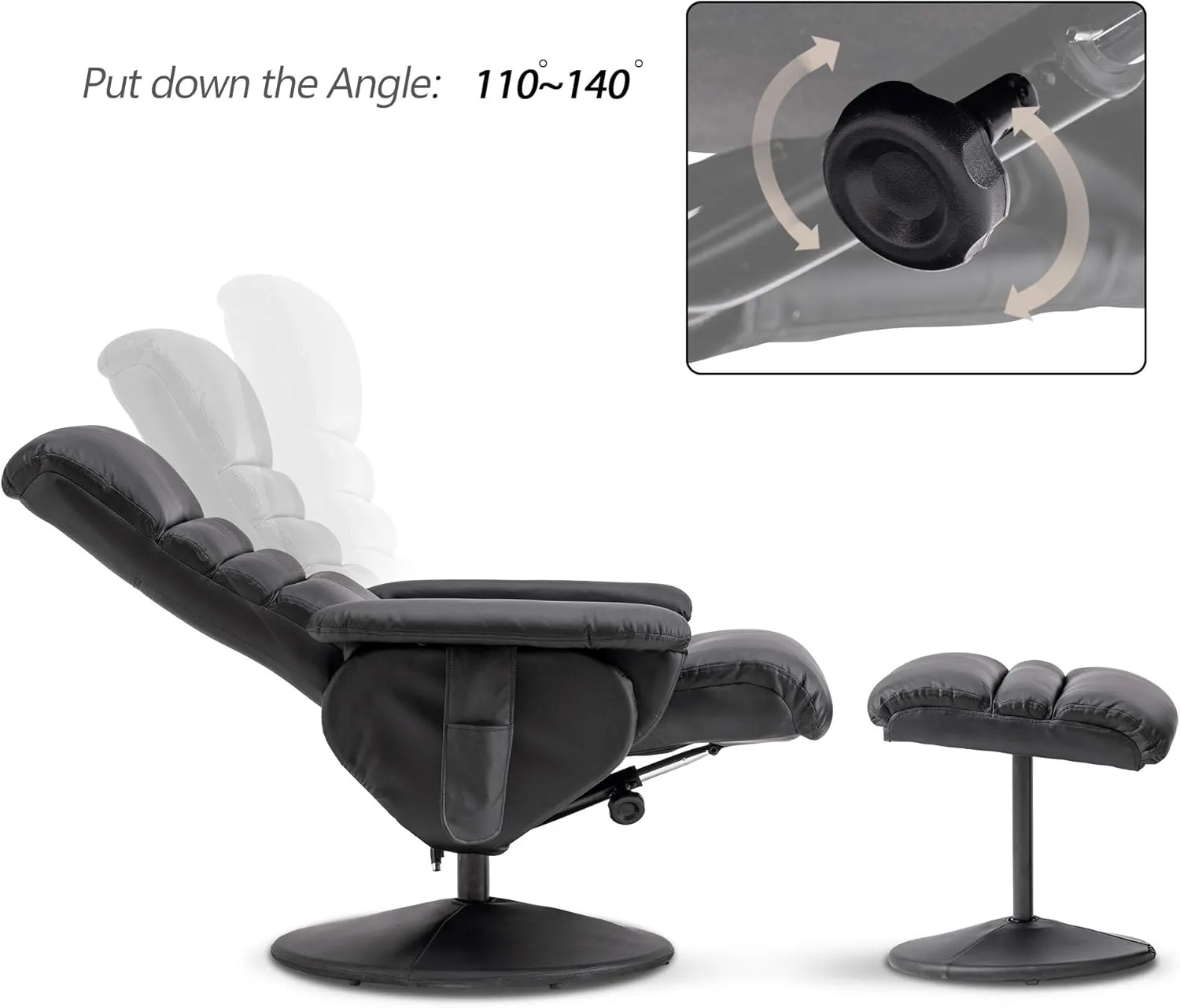 MCombo Recliner with Ottoman, Reclining Chair with Massage, 360 Swivel Living Room Chair Faux Leather 7902 (Black)