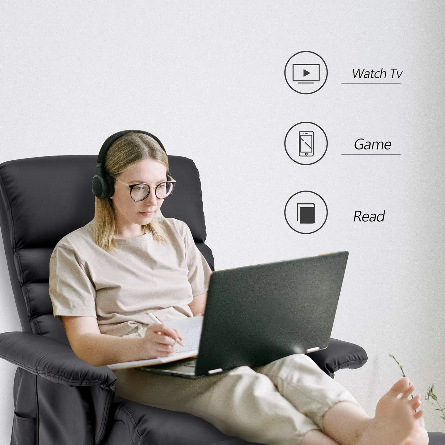 MCombo Recliner with Ottoman, Reclining Chair with Massage, 360 Swivel Living Room Chair Faux Leather 7902 (Black)