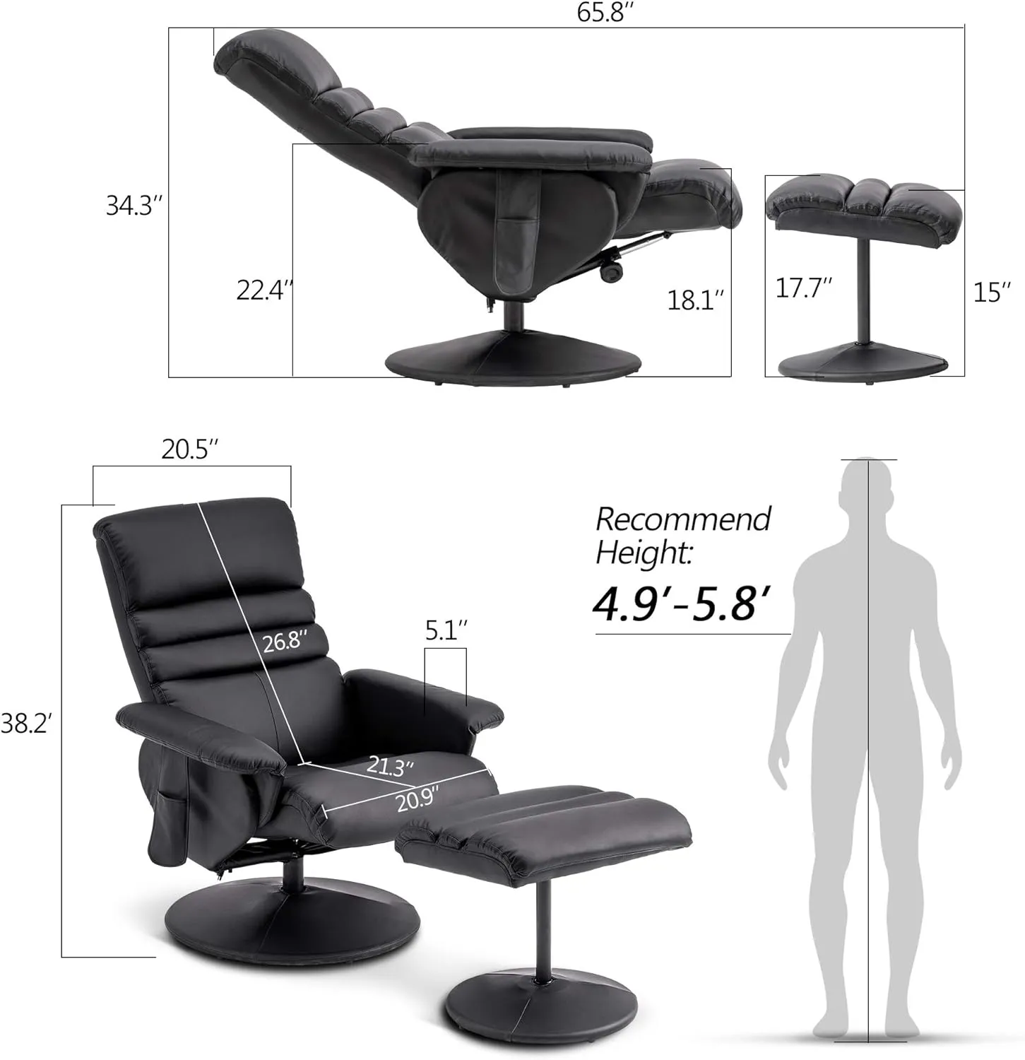 MCombo Recliner with Ottoman, Reclining Chair with Massage, 360 Swivel Living Room Chair Faux Leather 7902 (Black)