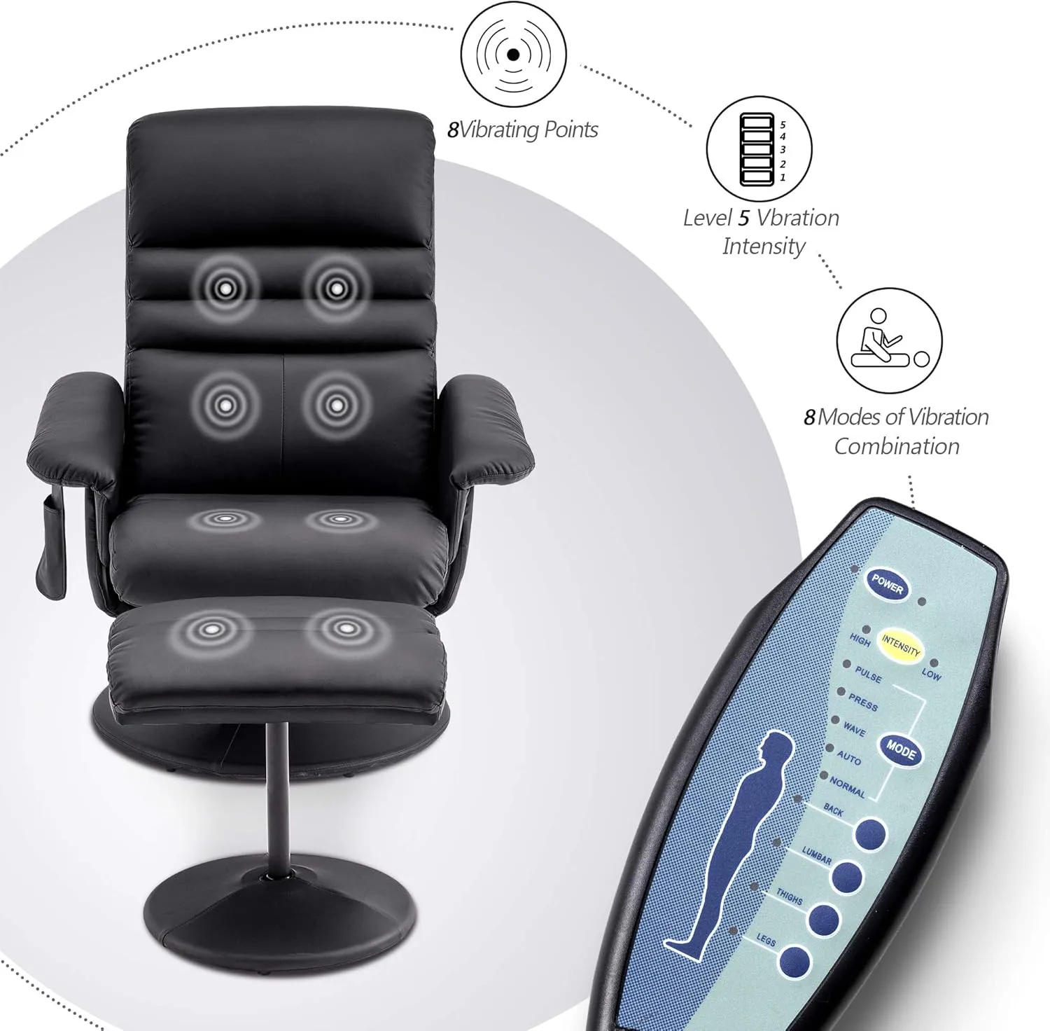 MCombo Recliner with Ottoman, Reclining Chair with Massage, 360 Swivel Living Room Chair Faux Leather 7902 (Black)